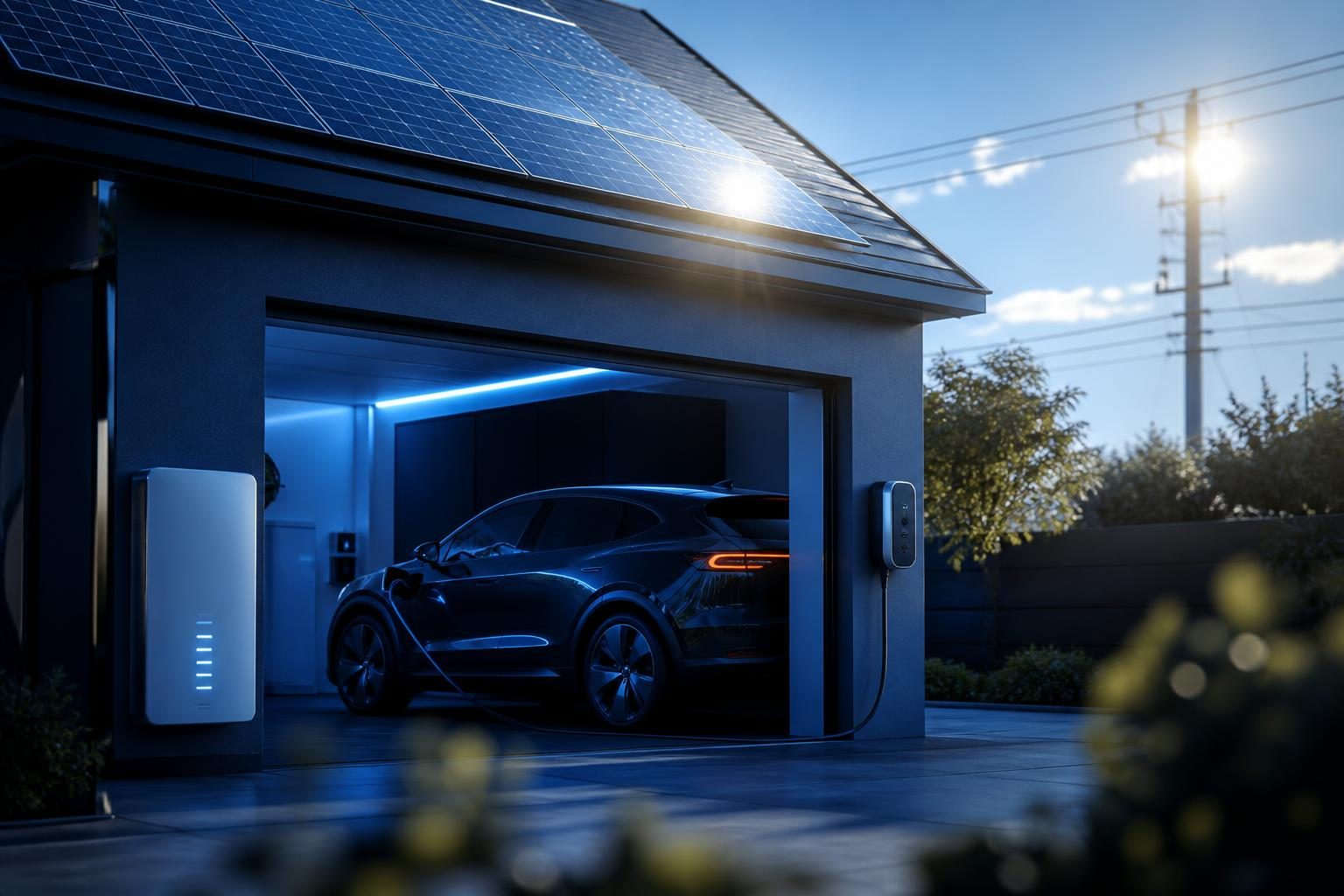 Ein helles Haus mit Solarzellen auf dem Dach, im Carport steht ein angeschlossenes Elektroauto, das aber nicht lädt; daneben eine Hausspeicher-Batterie mit teilweisem Ladestand.
