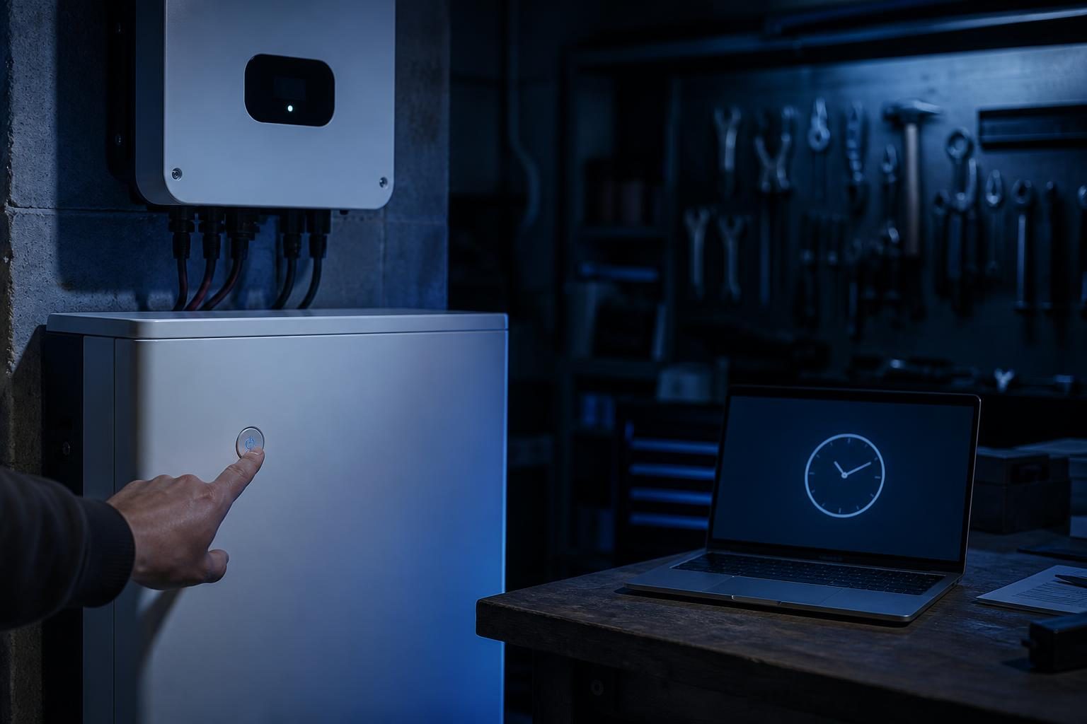 Ein Hand drückt einen kleinen Knopf am Wechselrichter im Keller neben einem Akku, während auf dem Laptop-Bildschirm die Uhrzeit eingefroren ist.
