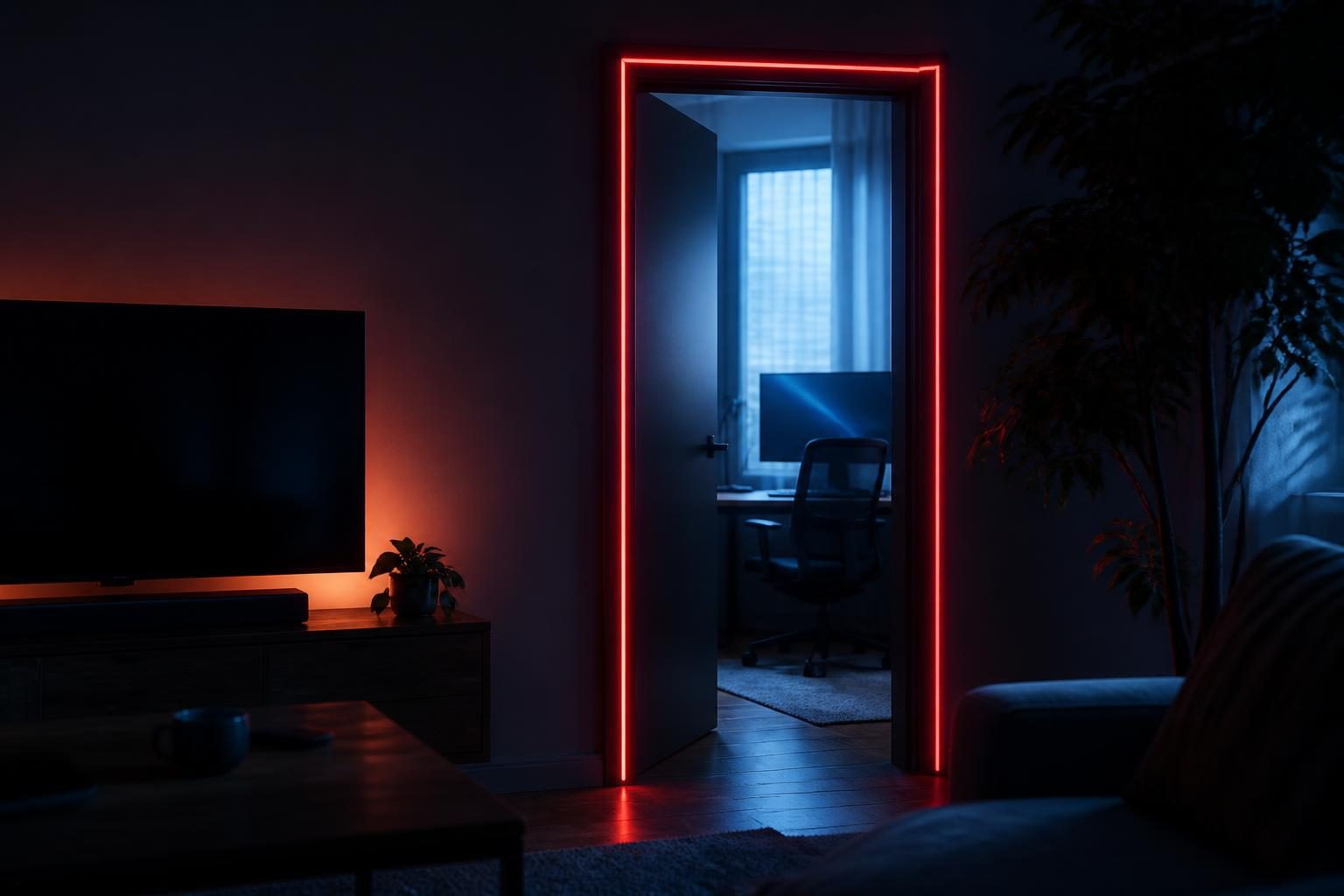 LED-Strip an der Tür zum Arbeitszimmer leuchtet rot als Busy-Indikator, daneben wirkt das Ambilight sanft im Wohnzimmer.