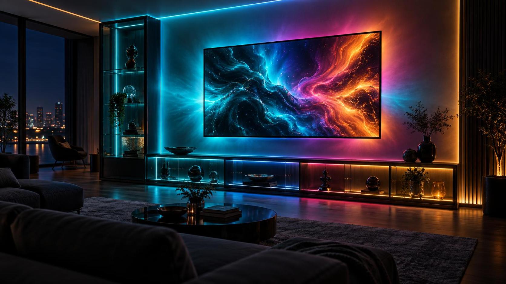 Dunkles Wohnzimmer, in dem die Farben des Fernsehers ueber die Wand hinaus auf LED-Strips im ganzen Raum weiterlaufen.