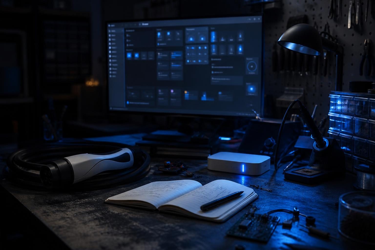 Ein nächtlich beleuchteter Werkstatttisch mit Computer, offenem Notizbuch und Smart-Home-Geräten, die eine fehlgeschlagene Automationsprüfung symbolisieren.