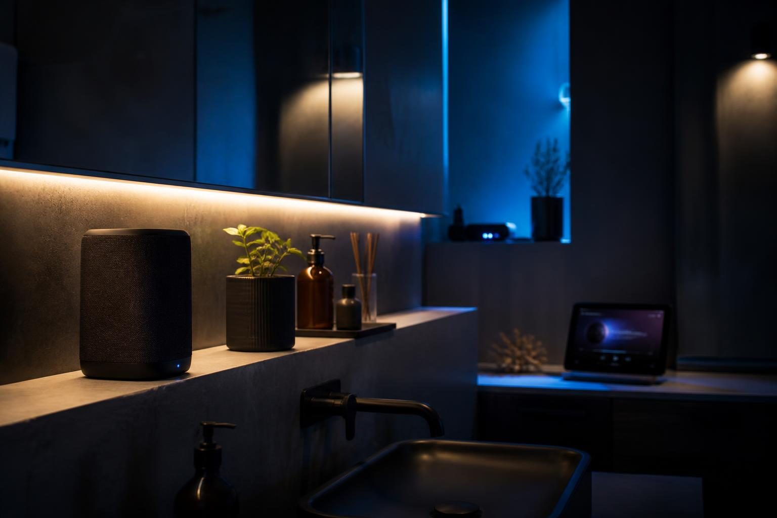 Ein modernes Badezimmer mit eingeschaltetem Licht und einem Denon Home 150 Lautsprecher, der gerade keine Musik abspielt.