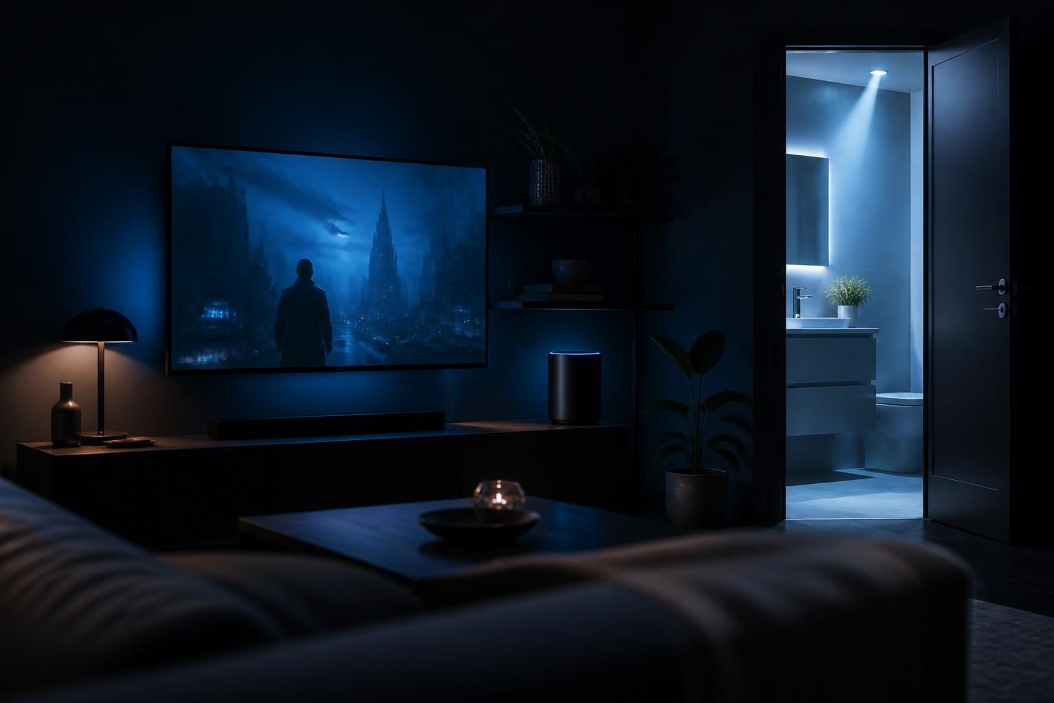 Wohnzimmer mit Fernseher und Multiroom-Lautsprecher, Blick ins Bad mit aktivierten Bewegungsmeldern und Licht.