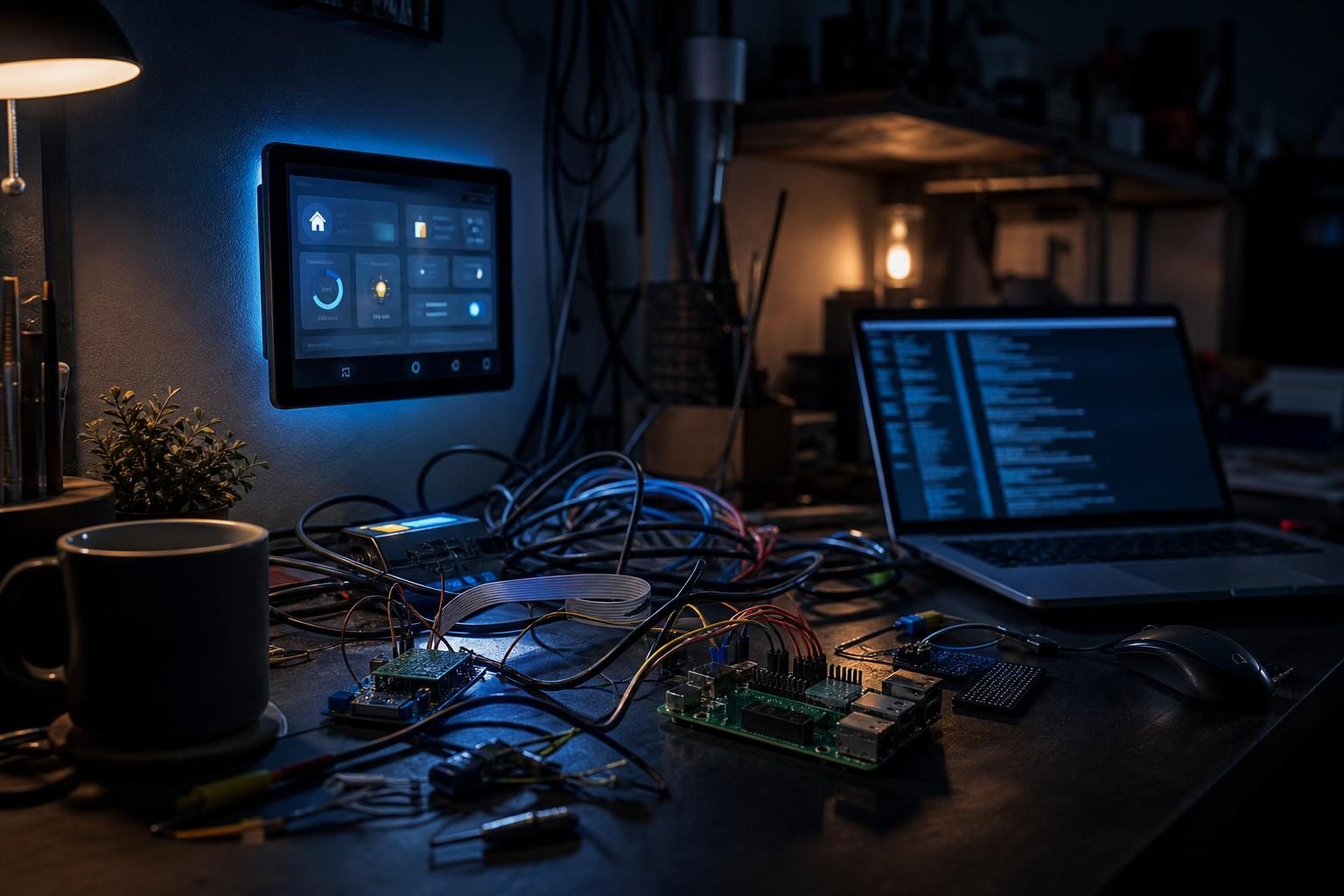 Ein unordentlicher Schreibtisch mit festgefrorenem Home-Automation-Dashboard auf einem Touchscreen und vernetzten Elektronikkomponenten in einem heimischen Büro.