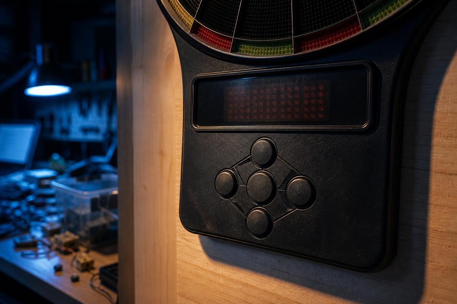Nahaufnahme eines schwarzen Panels eines elektronischen Dartboards mit sechs Tasten unter einem LED-Display, davor ein beleuchteter Arbeitsplatz mit Elektronikbauteilen.