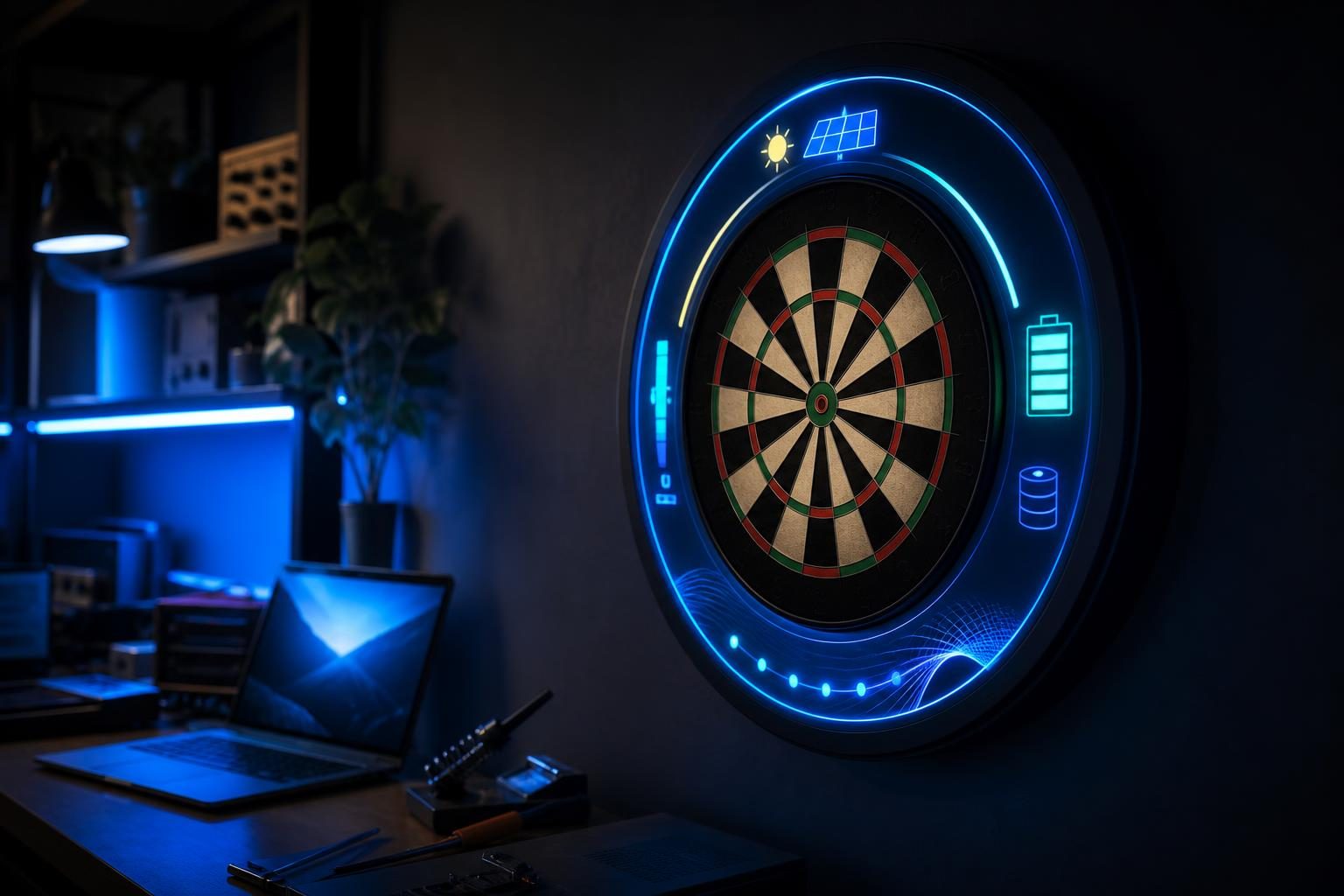 Ein elektronisches Dartboard mit leuchtendem LED-Panel im Arbeitszimmer zeigt ein selbst programmiertes Solar-Widget.