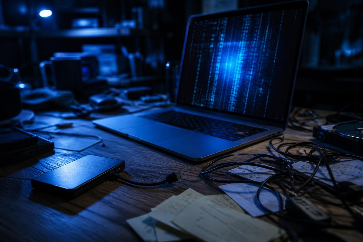 Ein unordentlicher Arbeitstisch mit geöffnetem Laptop und einer ausgeschalteten externen Festplatte, umgeben von Kabeln und Notizen, die eine misslungene Backup-Situation zeigen.