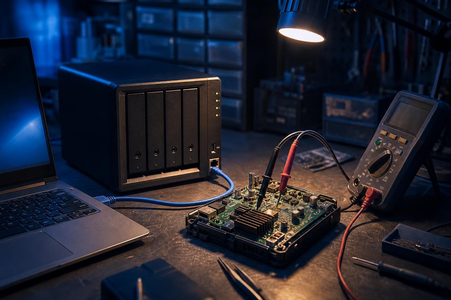 Nahaufnahme eines Netzwerkspeichergeräts auf einer Werkbank mit Messgerät und Elektronikbauteilen bei warmem Licht.