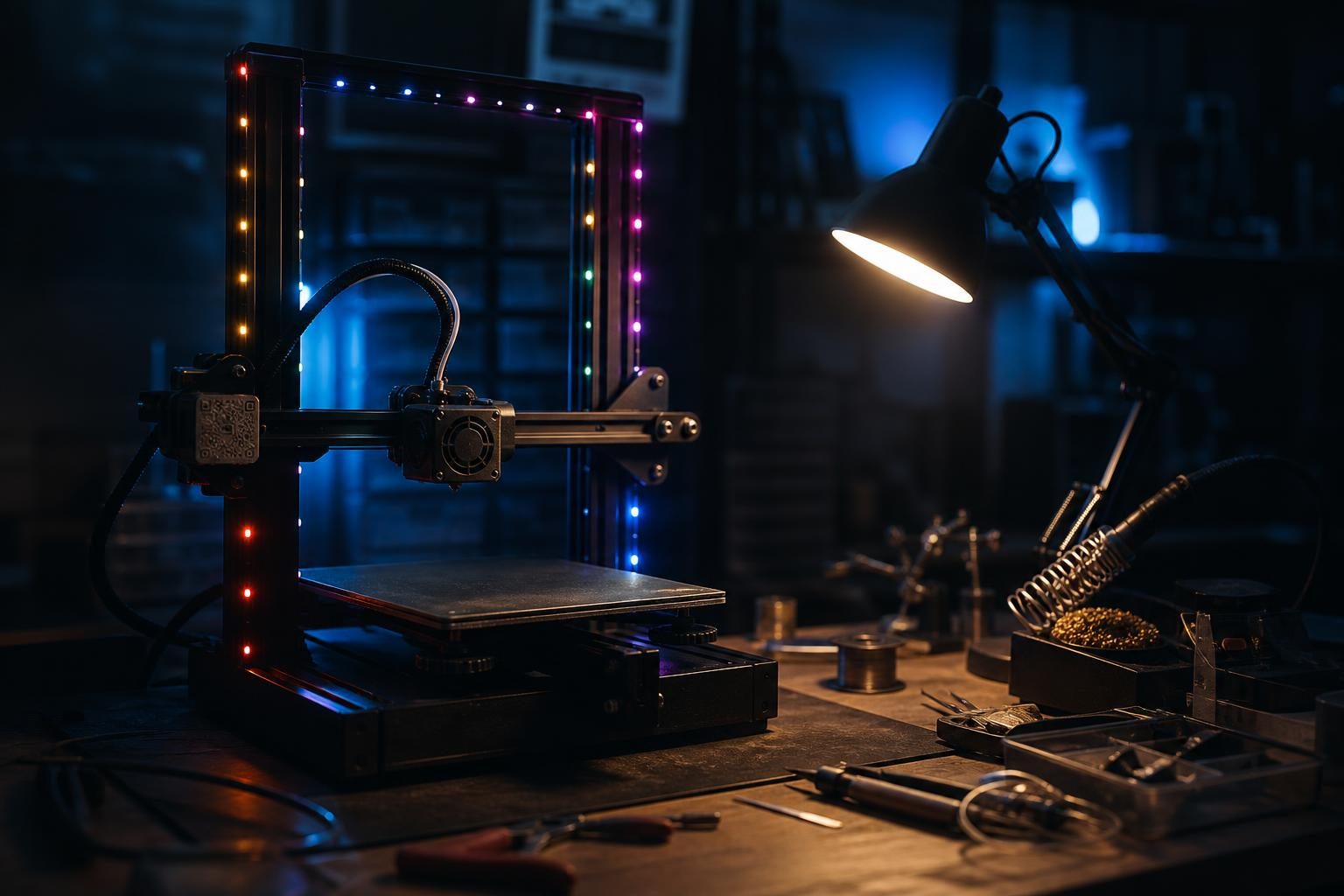 Ein 3D-Drucker Ender3 mit angeschlossenen WLED-LED-Streifen auf einer Werkbank, umgeben von Elektronikwerkzeugen.