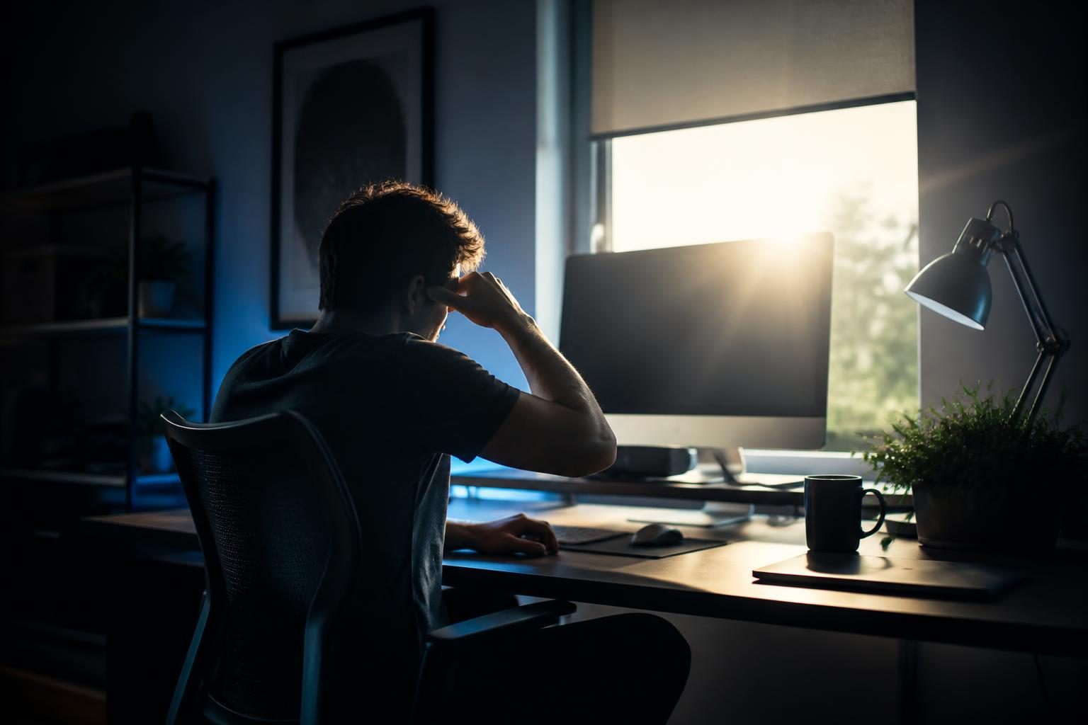 Arbeitszimmer mit blendendem Sonnenlicht durch das Ostfenster, teilweise heruntergelassene Jalousie, Person sitzt am Schreibtisch und hält sich die Hand vor die Augen.