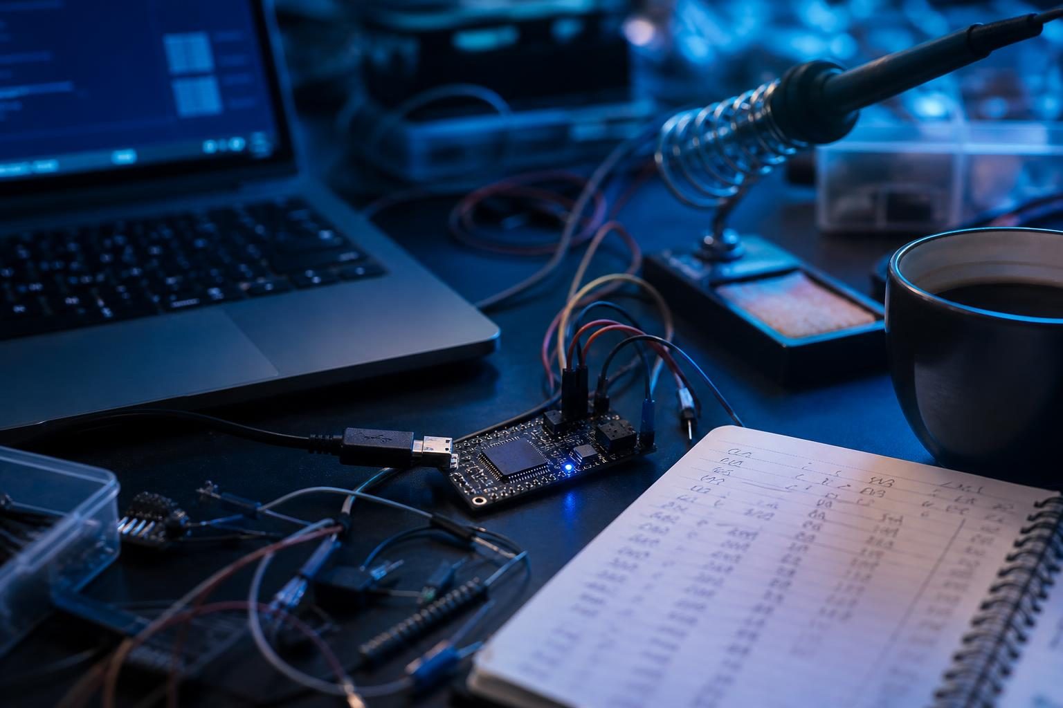 Nahaufnahme einer Elektronik-Werkbank mit Mikrocontroller, Laptop und handschriftlichen Notizen zu Zeitfenstern.