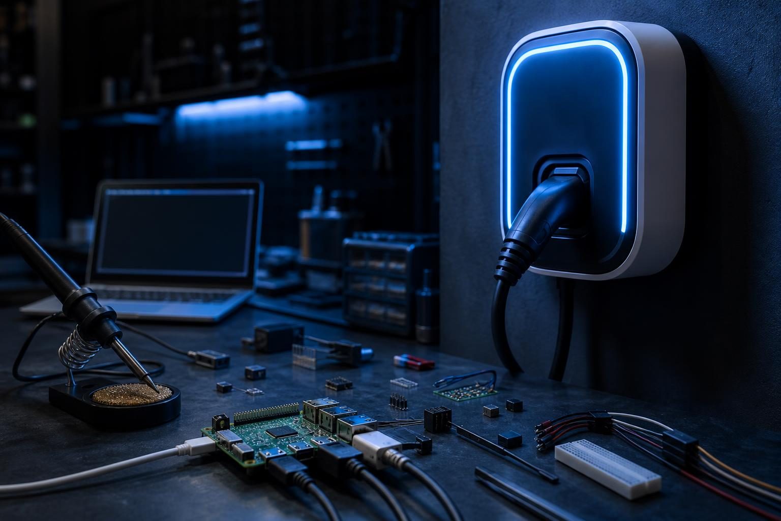 Nahaufnahme einer Werkbank mit einem Raspberry Pi, der über Kabel mit einer Wallbox-Ladestation verbunden ist, umgeben von Elektronikbauteilen und einem Lötkolben.