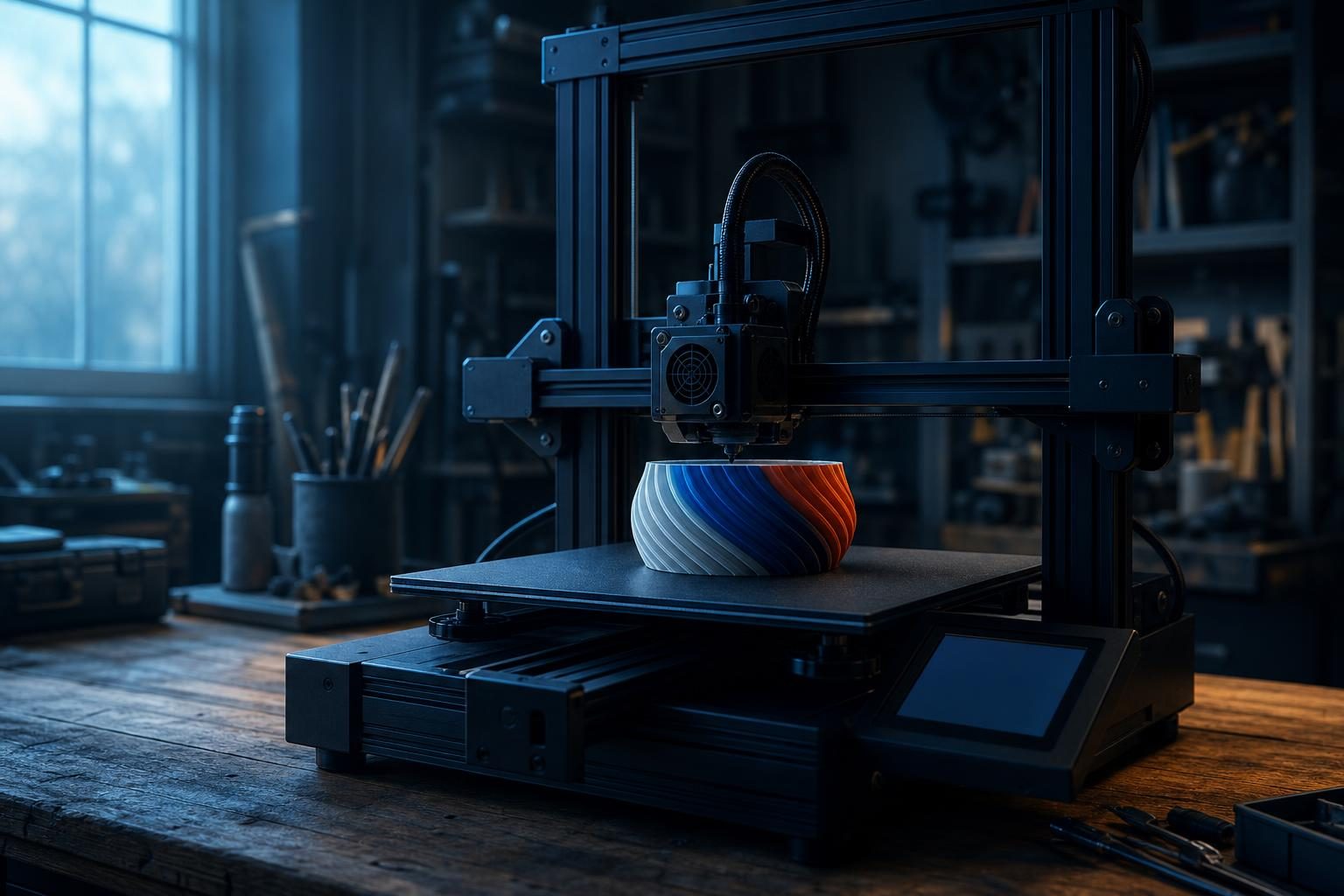 Ein 3D-Drucker mit einem mehrfarbigen Druckobjekt auf der kalten Druckplatte steht auf einer Werkbank im Tageslicht.