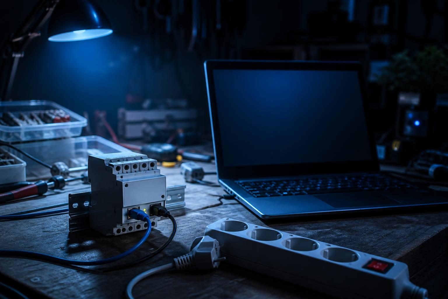 Werkbank mit KNX/IP-Interface, Laptop und einer ausgeschalteten Steckdosenleiste im Arbeitszimmer.