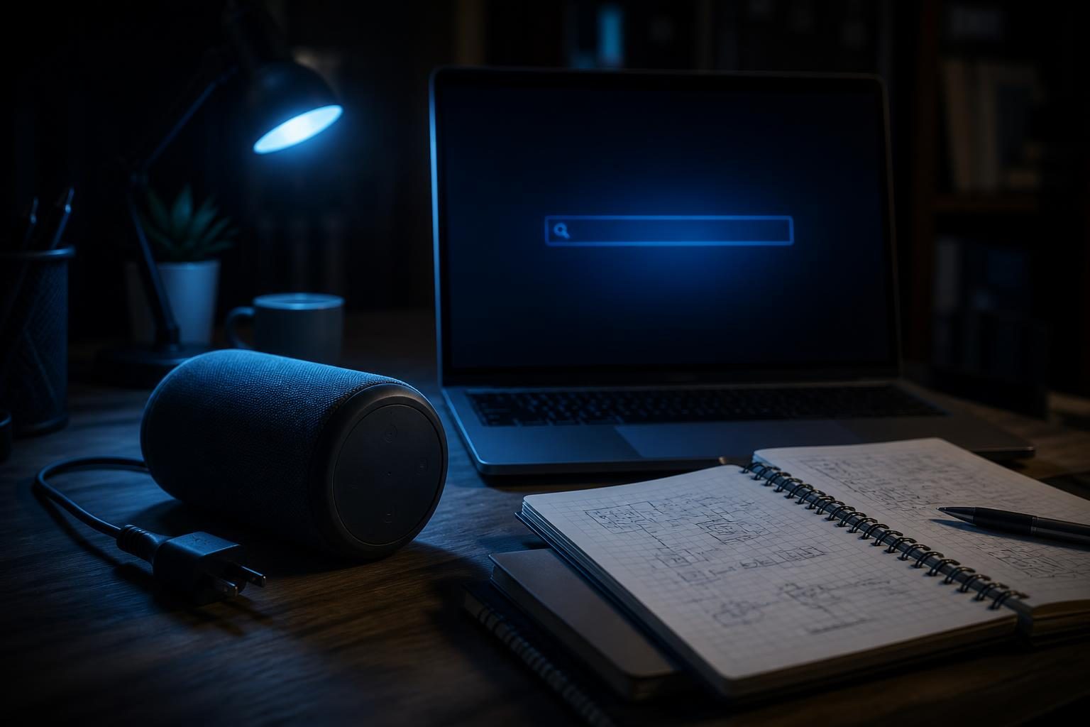 Ein heimisches Büro mit einem ausgeschalteten Smart Speaker neben einem Laptop und einem aufgeklappten Notizbuch mit handschriftlichen Notizen zur Hausautomation.