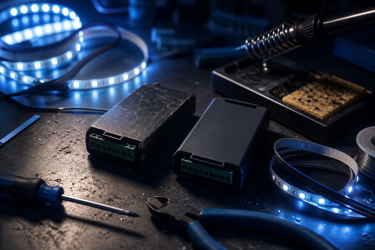Werkbank mit zwei nebeneinander liegenden LED-Controllern, LED-Streifen und Werkzeug in schwach beleuchtetem Raum.