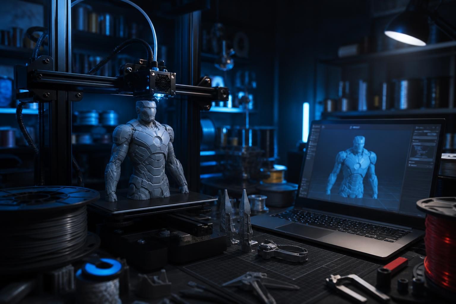3D-Drucker-Arbeitsplatz mit teilweise gedruckter Iron Man Figur und Zubehör