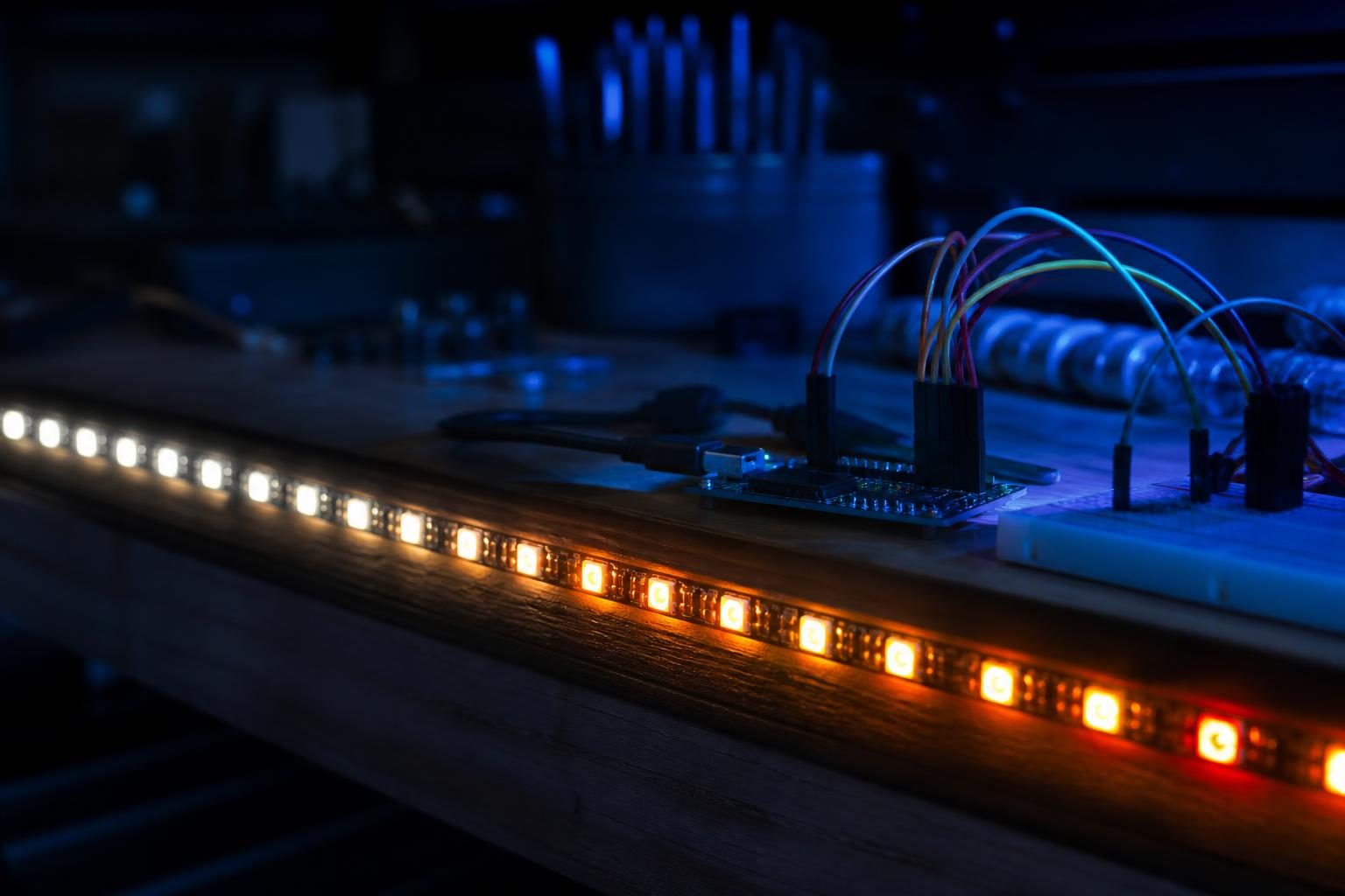 Nahaufnahme eines WS2814-LED-Streifens mit warmweißen und orangen LEDs an einer Werkbank mit Mikrocontroller und angeschlossenen Kabeln.