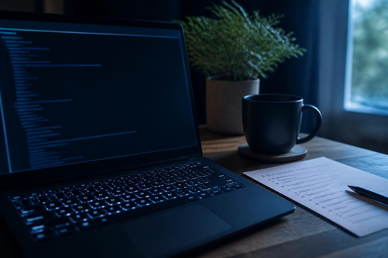 Ein Laptop mit offenem Terminalfenster und nebenliegendem handschriftlichen Notizzettel auf einem Holztisch, umgeben von einer Kaffeetasse und einer kleinen Pflanze.