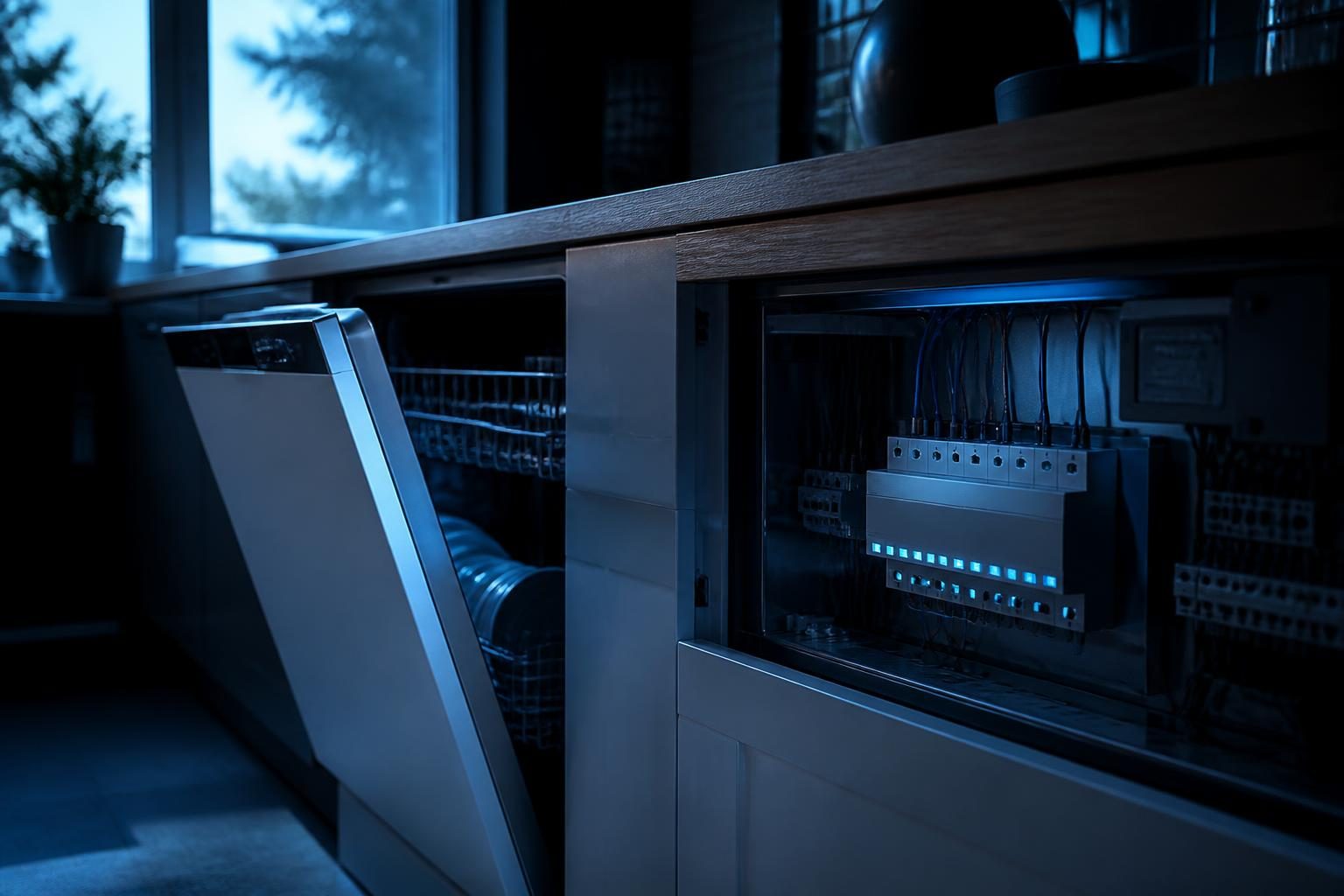 Eine offene Spülmaschine steht neben einer Arbeitsplatte, darunter ist ein geöffneter Schaltschrank mit einem KNX-Aktor sichtbar.