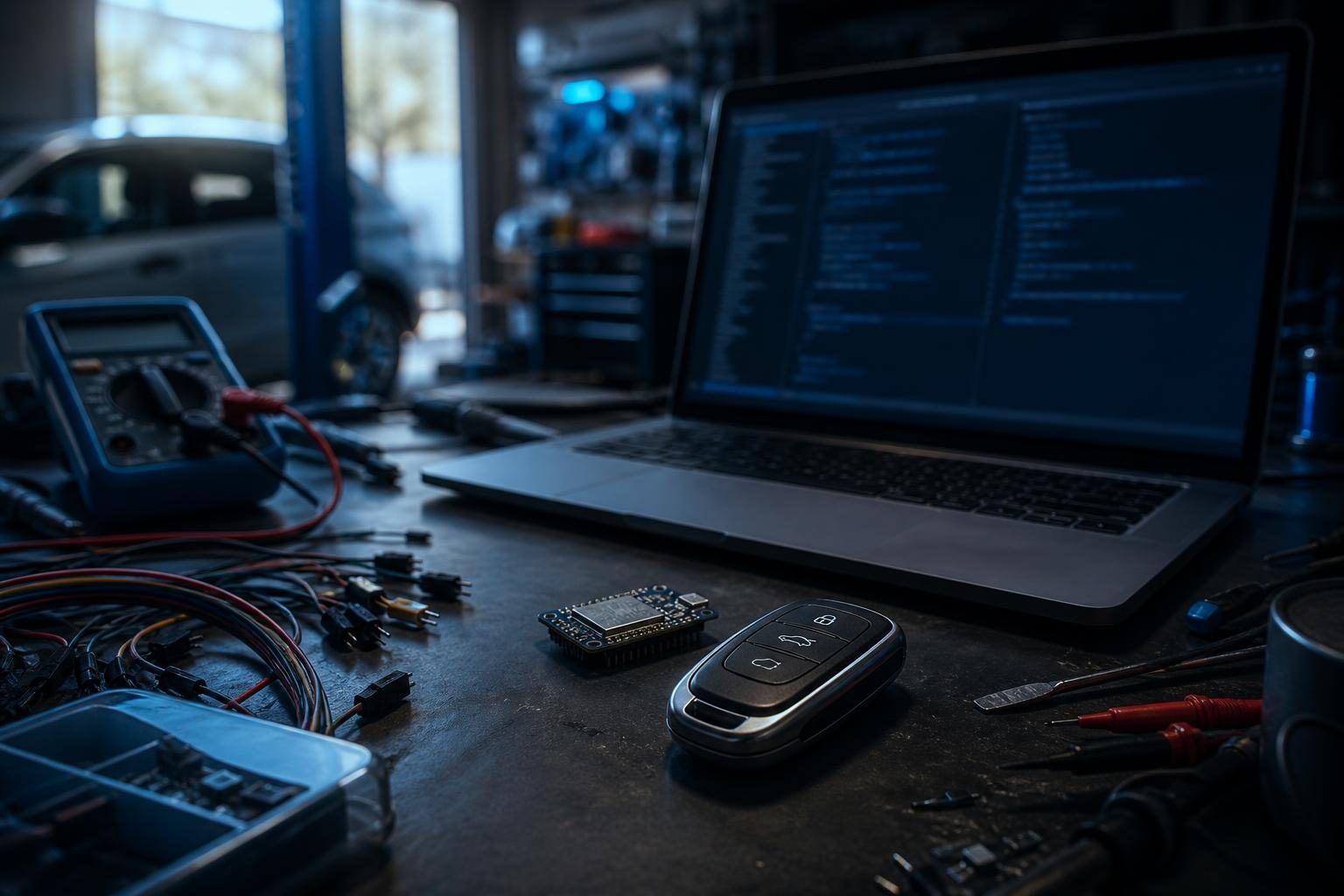 Werkbank in einer Garage mit offenem Laptop, einem Autoschlüssel, einem WLAN-Modul und Elektronikbauteilen im Tageslicht