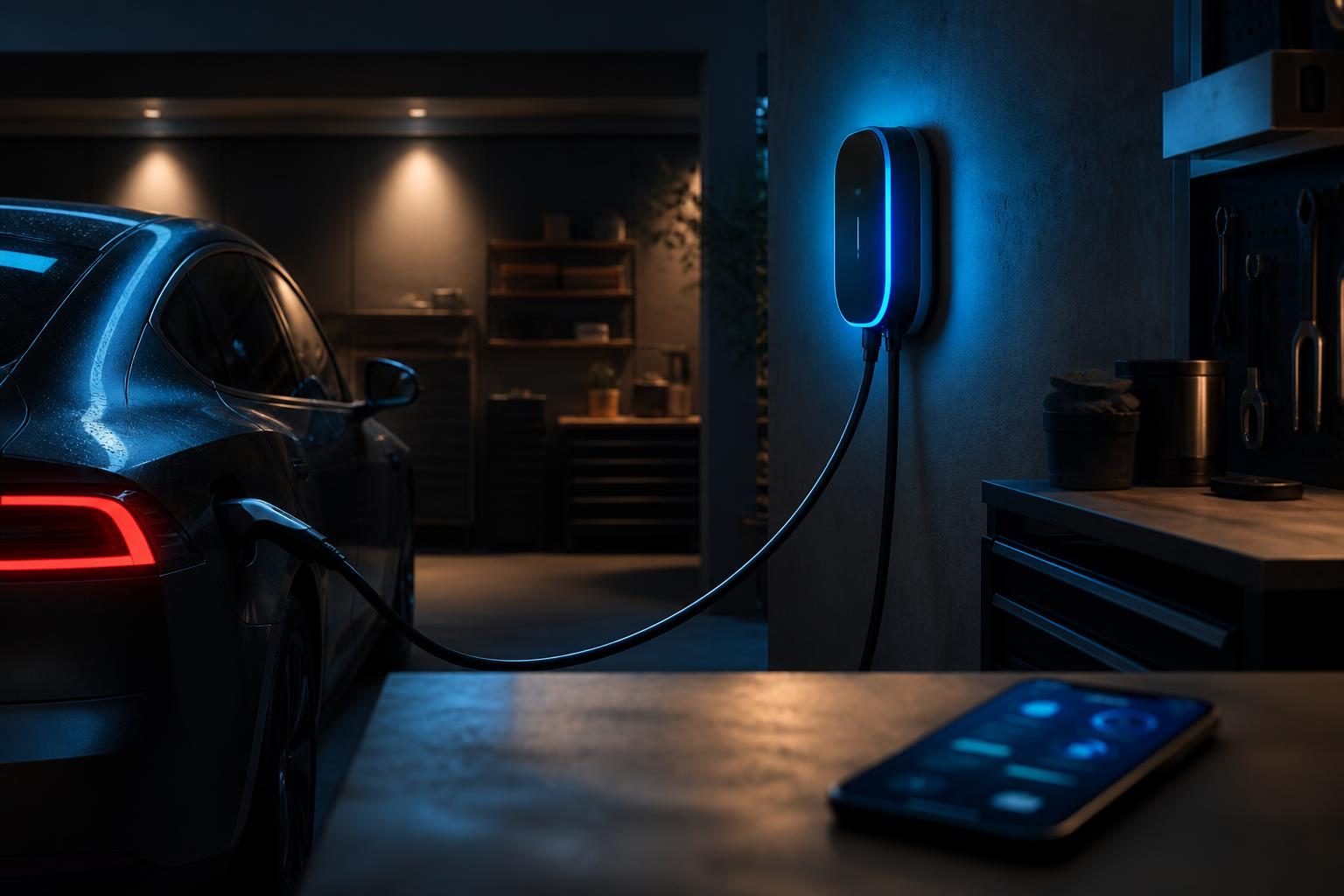 Elektroauto an einer Wandladestation in der Garage angeschlossen, daneben ein Smartphone mit geöffneter Hausautomations-App auf einer Werkbank.