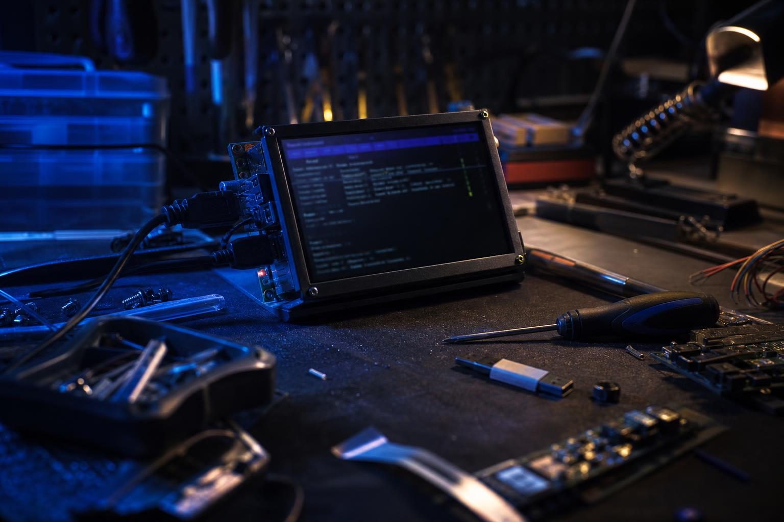 Nahaufnahme eines Werkbank-Arbeitsplatzes mit einem eingebetteten Linux-Gerät und Terminalanzeige eines aktiven systemd-Timers, umgeben von Werkzeugen und Kabeln.