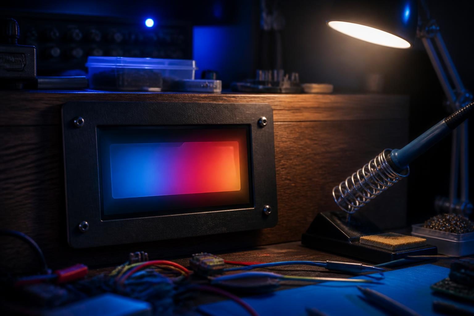 Kleines LED-Panel auf Werkbank zeigt fließenden Farbübergang zwischen zwei Ansichten, umgeben von Elektronikbauteilen und Lötkolben unter Schreibtischlampe.