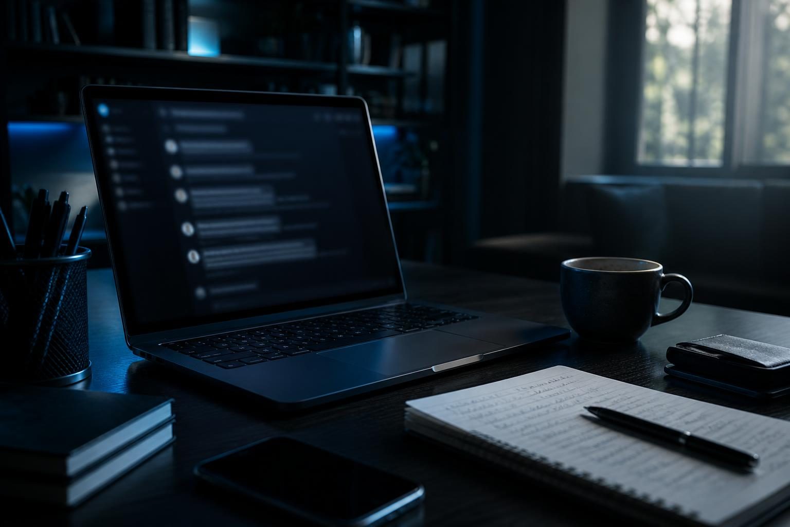 Ein Home-Office mit offenem Laptop, auf dem ein Chat läuft, daneben ein Smartphone ohne neue Benachrichtigungen und ein Notizblock mit handschriftlichen Notizen.