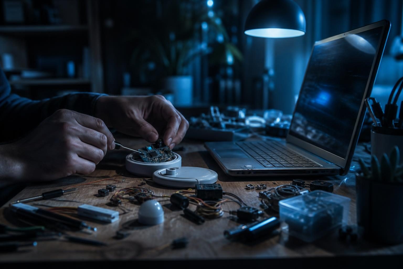 Werkbank mit geöffnetem Smart-Home-Sensor, Werkzeugen und Laptop, Hände justieren Elektronikbauteile.