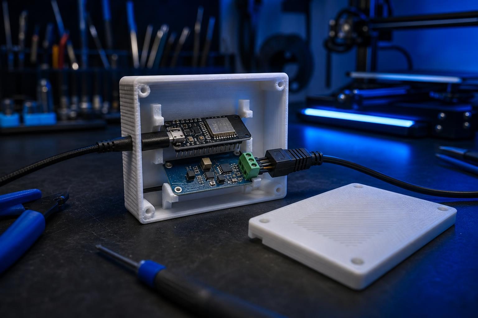 Ein offenes, in Weiß 3D-gedrucktes Gehäuse auf einer Werkbank zeigt zwei eingebaute Platinen mit angeschlossenen Kabeln und Haltern.