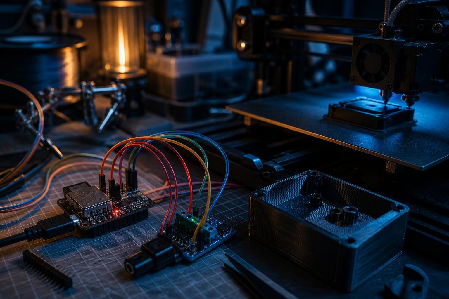 Nahaufnahme einer Werkbank mit einem ESP32 und CAN-Bus-Modul, daneben ein laufender 3D-Drucker und das Gehäusemodell V12.