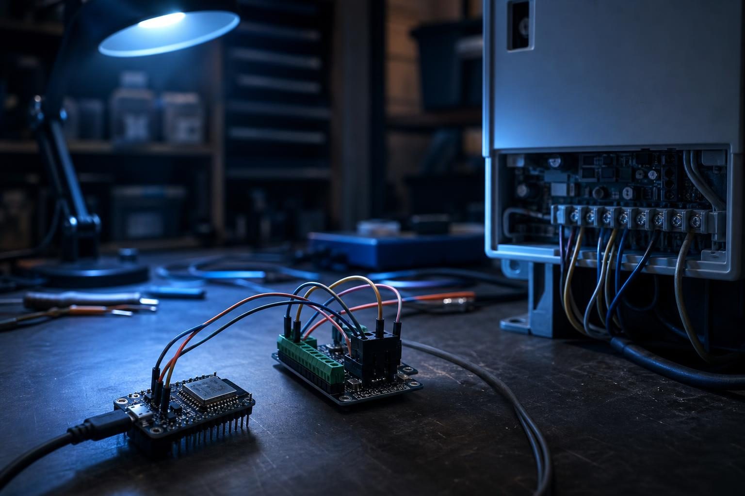 Eine Werkbank mit einem ESP32-Mikrocontroller, der über Jumperkabel an ein CAN-Bus-Modul angeschlossen ist, daneben eine Wärmepumpen-Steuereinheit in schwachem Licht.