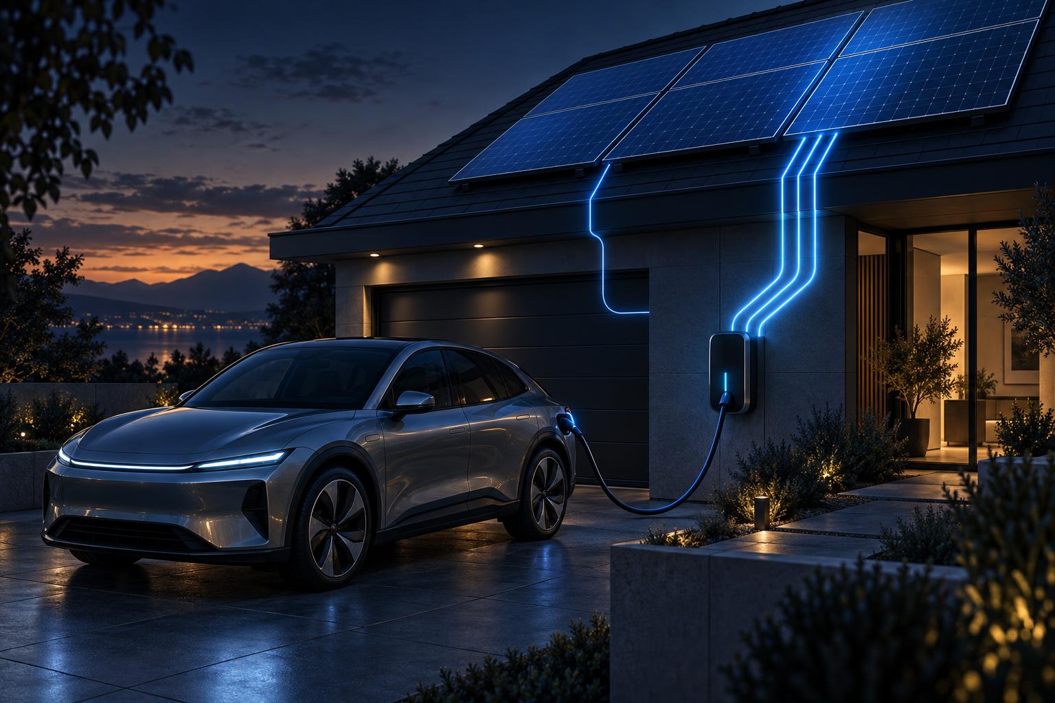 Elektroauto an einer Wallbox unter einem Solardach; schwache einphasige gegen kraeftige dreiphasige Energiefluesse.