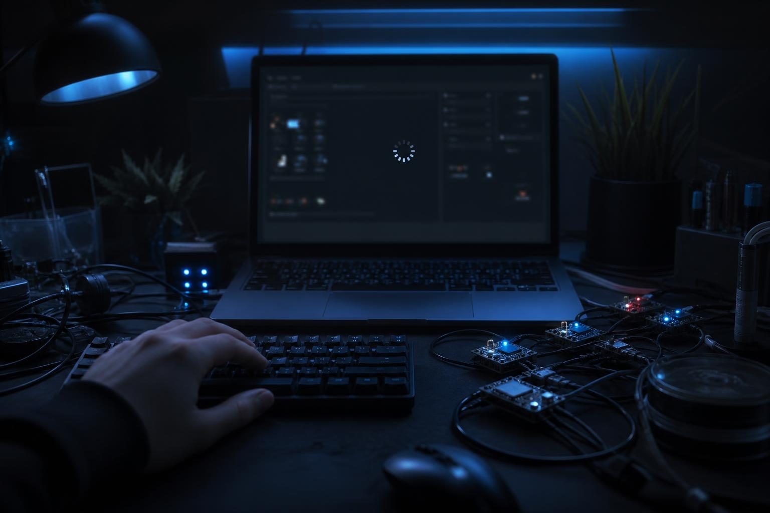 Ein Schreibtisch mit Laptop, mehreren WLED-LED-Controllern und einer Hand, die über der Tastatur schwebt, während das Update-Symbol kurz aufleuchtet und verschwindet.