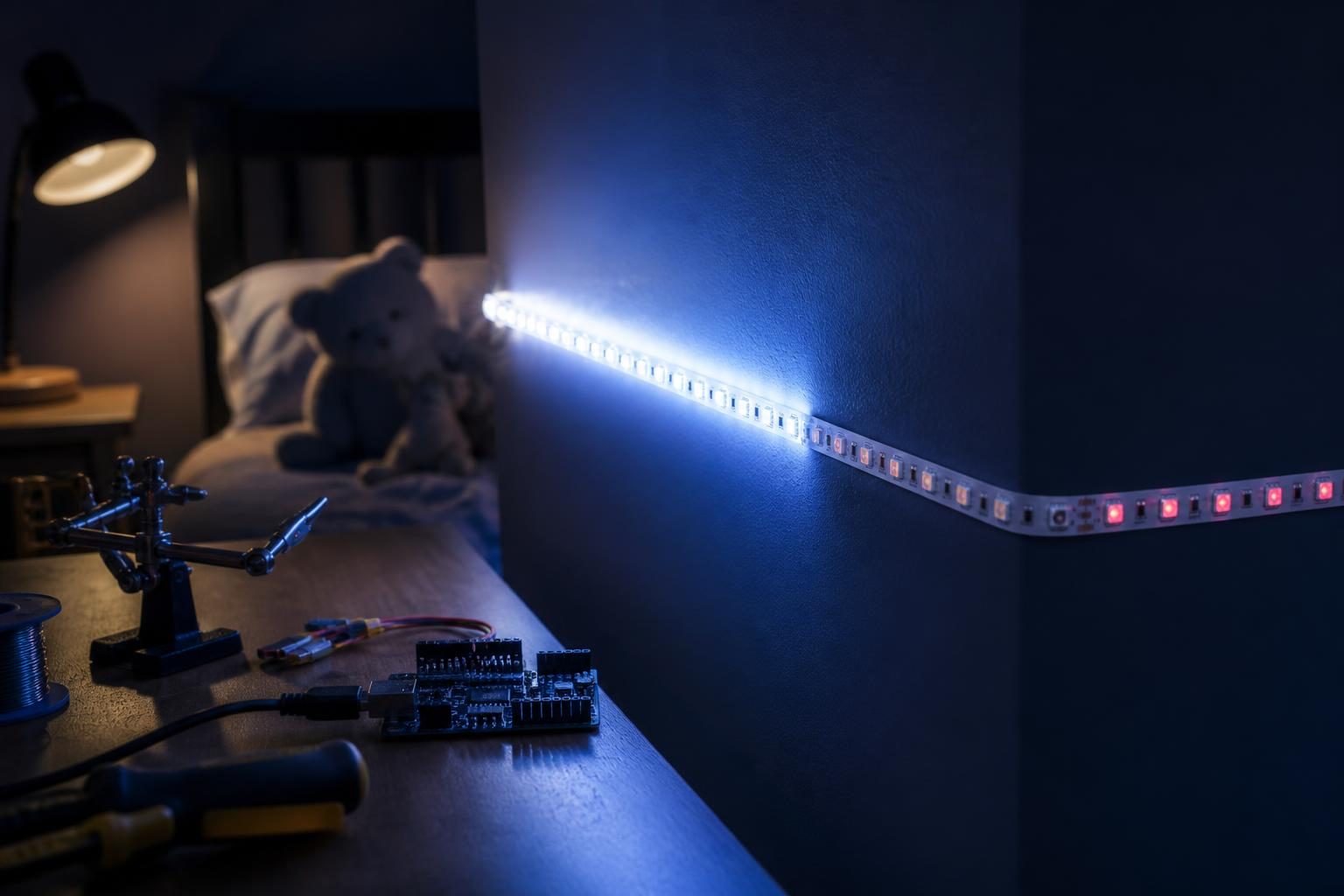 Nahaufnahme eines LED-Streifens an der Wand eines Kinderzimmers, der temporär komplett weiß aufleuchtet, daneben eine Werkbank mit Elektronikwerkzeugen.