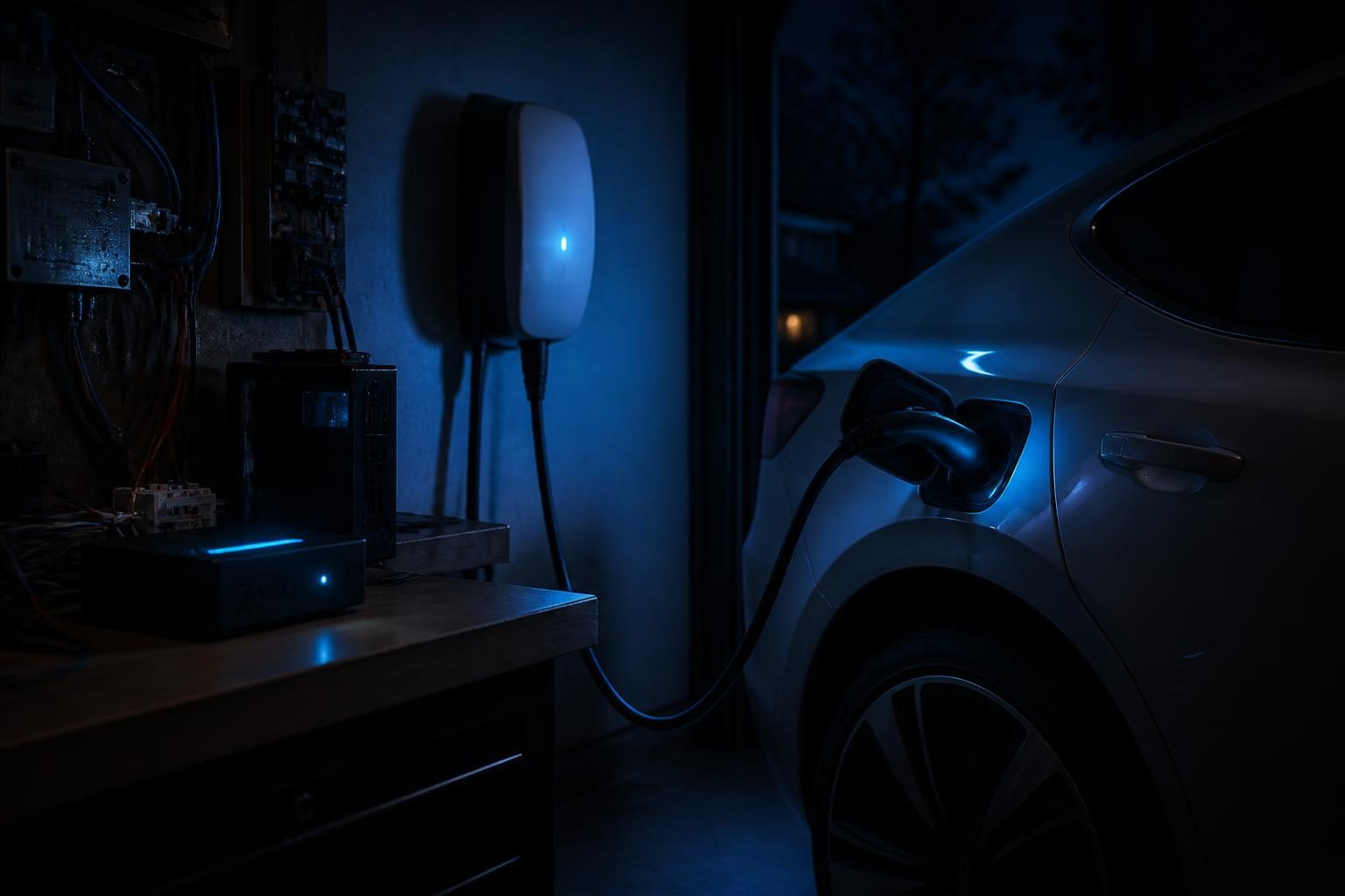 Eine nachts beleuchtete Garage mit einem Elektroauto, das an eine Wandladestation angeschlossen ist, daneben eine Smart-Home-Steuerung auf einer Werkbank.