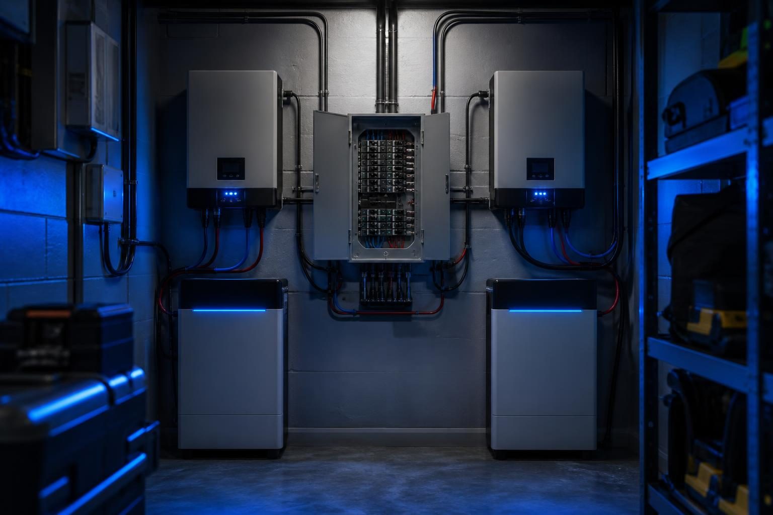 Zwei nebeneinander installierte Batteriespeichersysteme mit Wechselrichtern und Kabeln in einem Hausanschlussraum.
